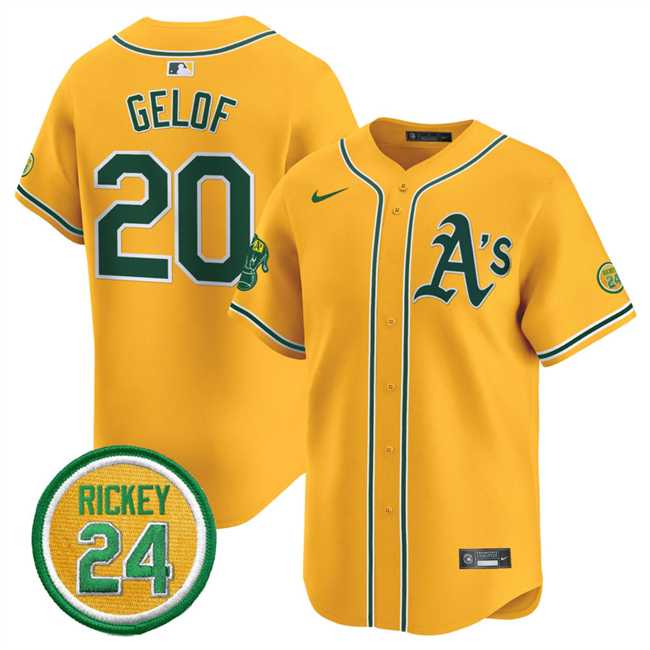 Mens Oakland Athletics #20 Zack Gelof Yellow 2024 Limited With Rickey Henderson Patch Stitched Jersey Dzhi->oakland athletics->MLB Jersey